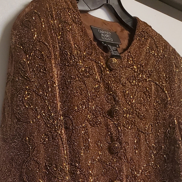 90s Carmen Marc Valvo Bronze Gold Metallic Beaded Vintage  Jacket Skirt Set 16 - Picture 6 of 12